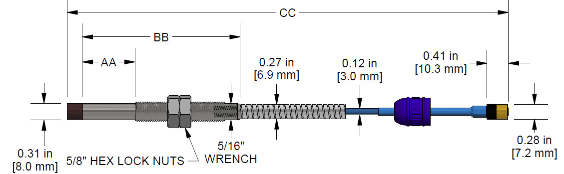 A dimension drawing of a Standard Mount CTC PRO Line Hazardous-Area Approved DP1001 with Armor proximity probe.